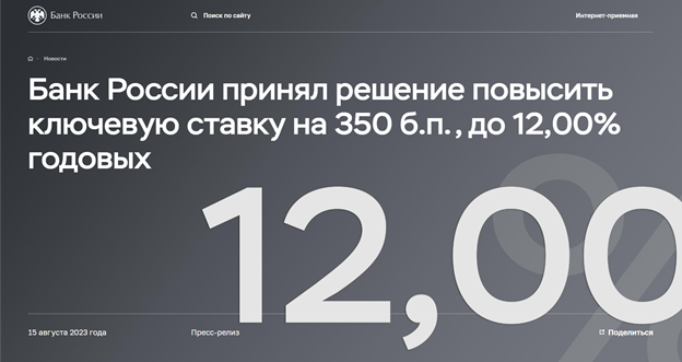Банк России принял решение повысить ключевую ставку на 350 б.п., до 12,00% годовых